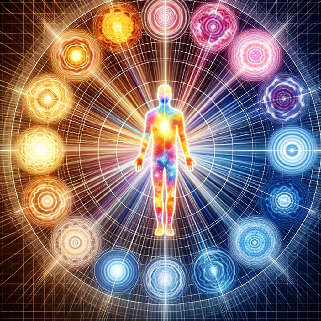 Radiant Figure Surrounded by Vibrant Glowing Orbs