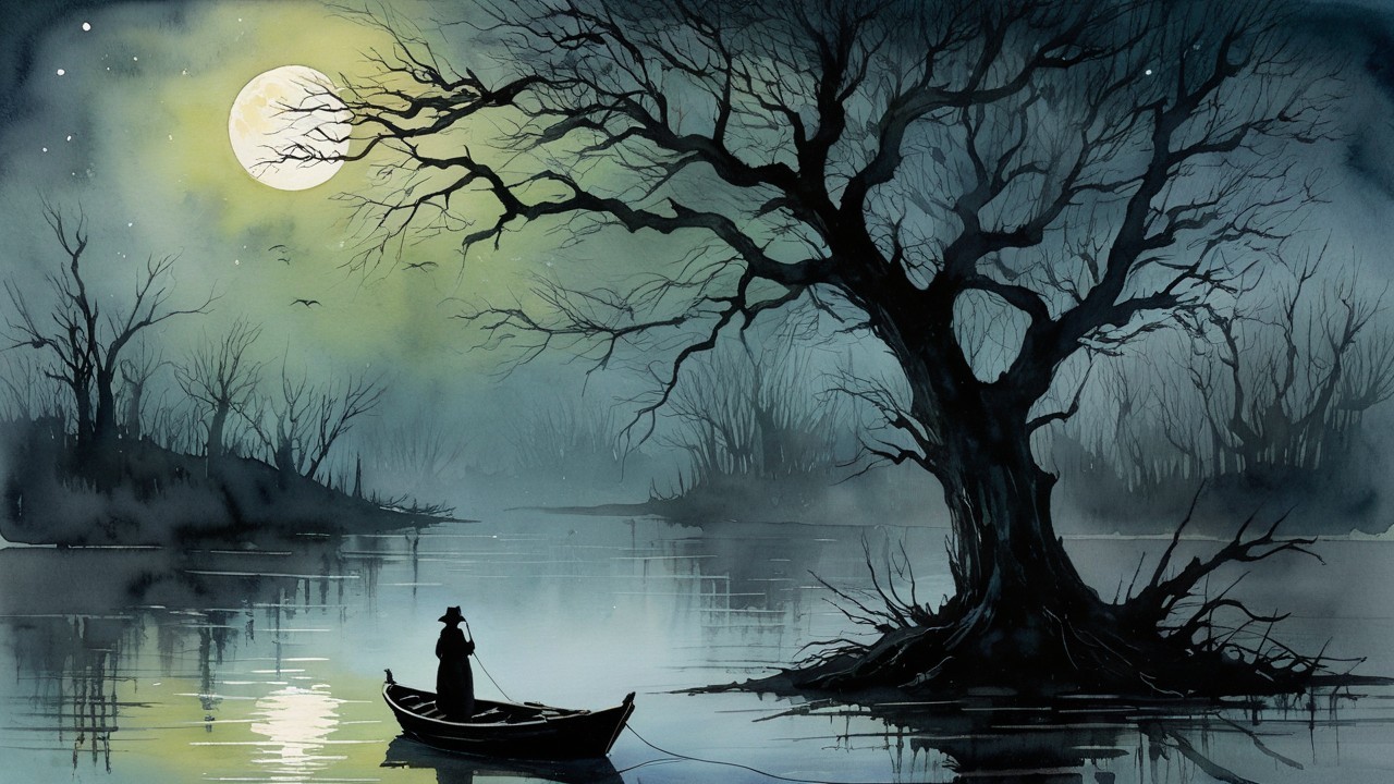 Solitary Figure in Boat on Misty Moonlit Lake