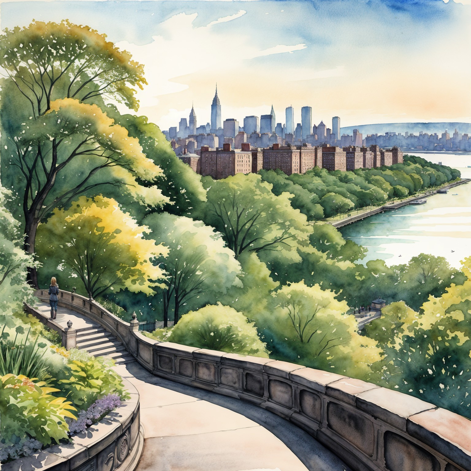 Serene Landscape with Waterway and City Skyline