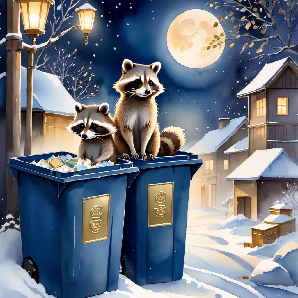 Playful Raccoons on Blue Bins Under Moonlit Sky