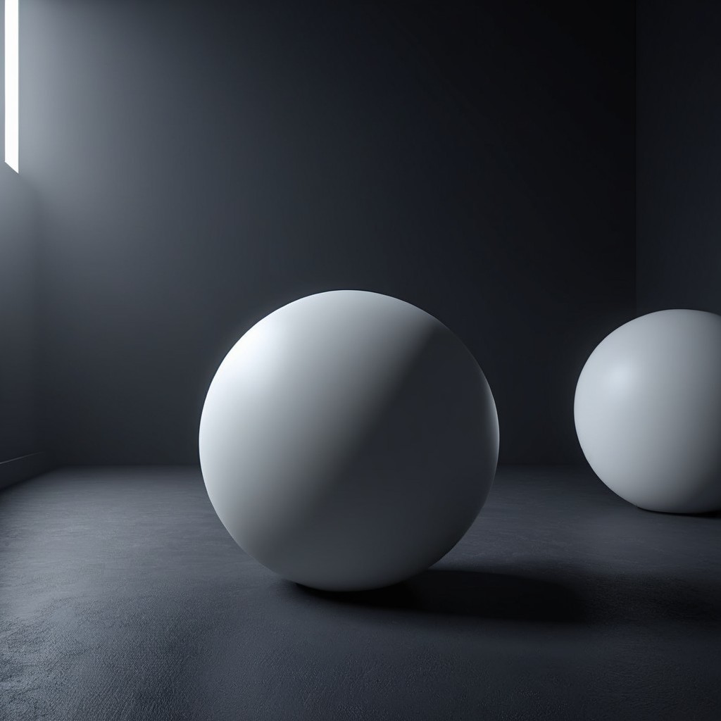 White Spheres in Dimly Lit Minimalist Room