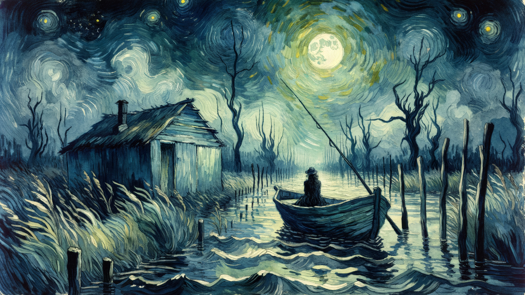 Serene Night Scene with Rustic House and Waterway