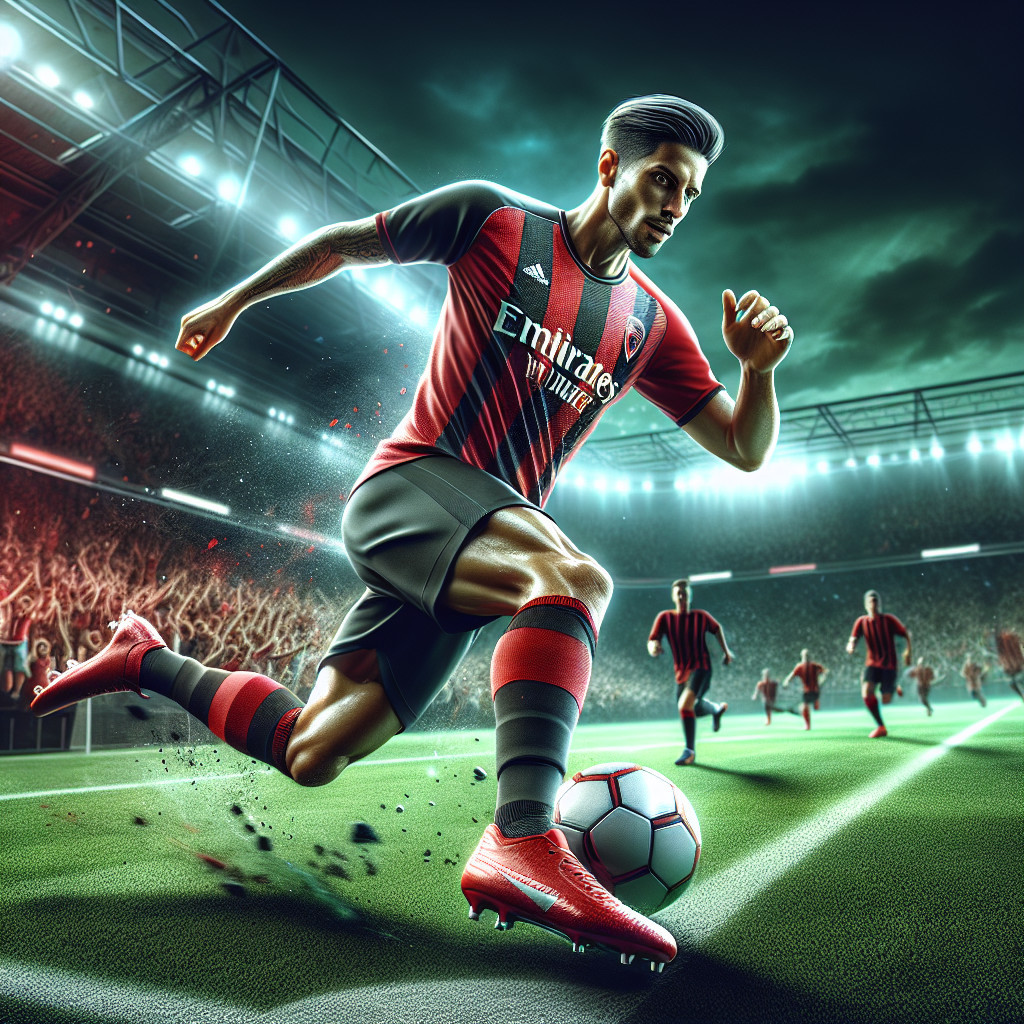 Dynamic soccer player dribbling on vibrant field