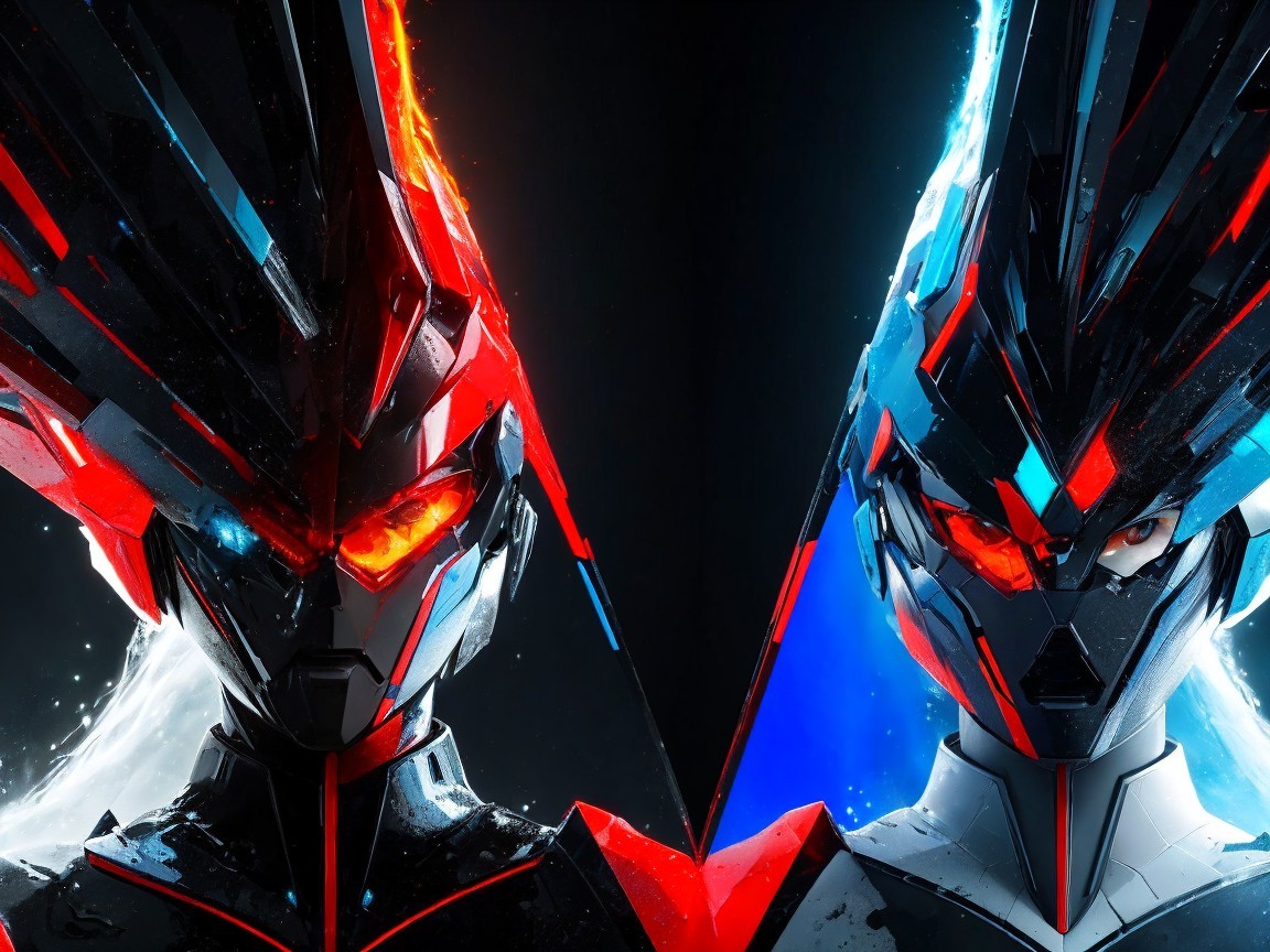 Futuristic humanoid figures in fire and ice themes