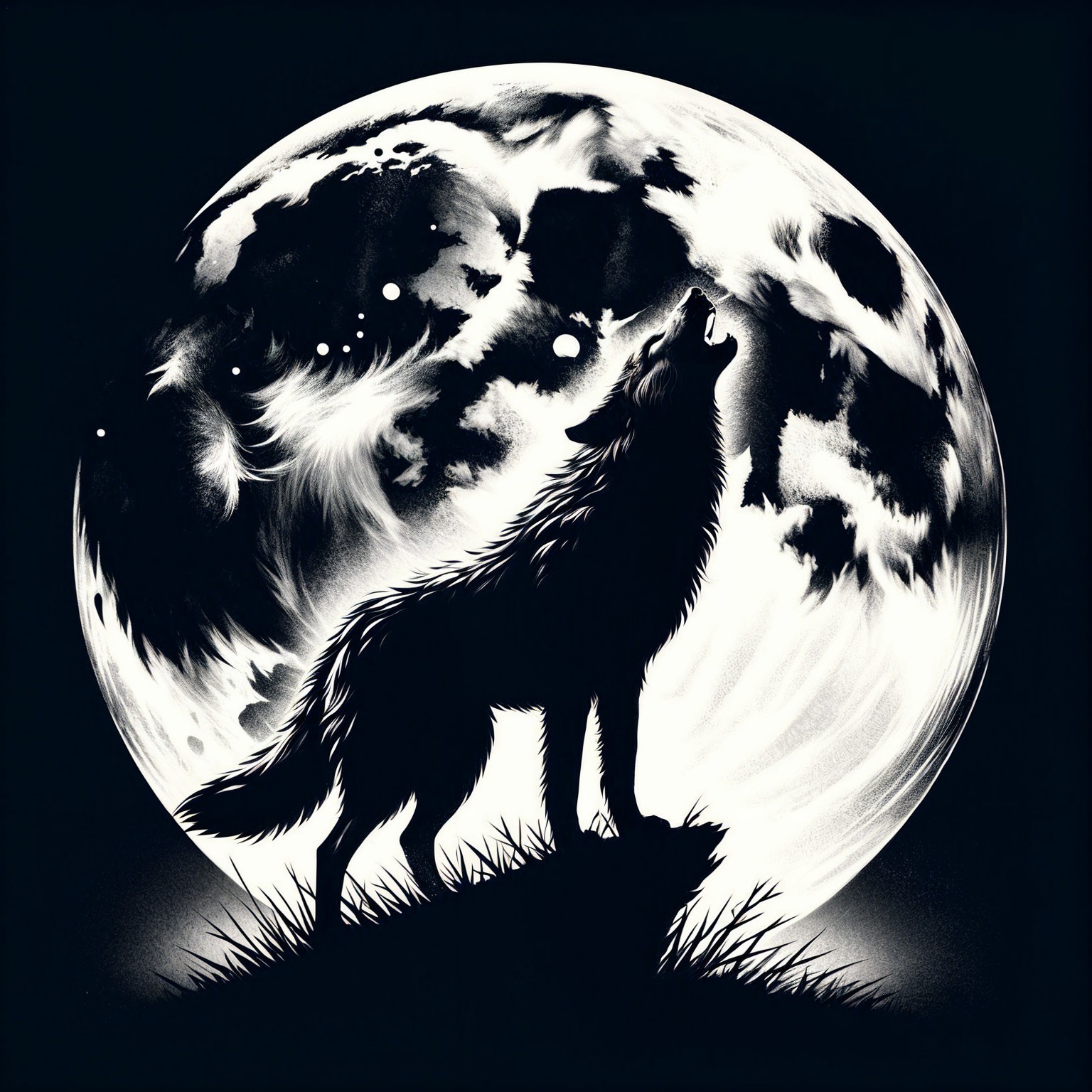 Black-and-white wolf silhouette howling at a moon