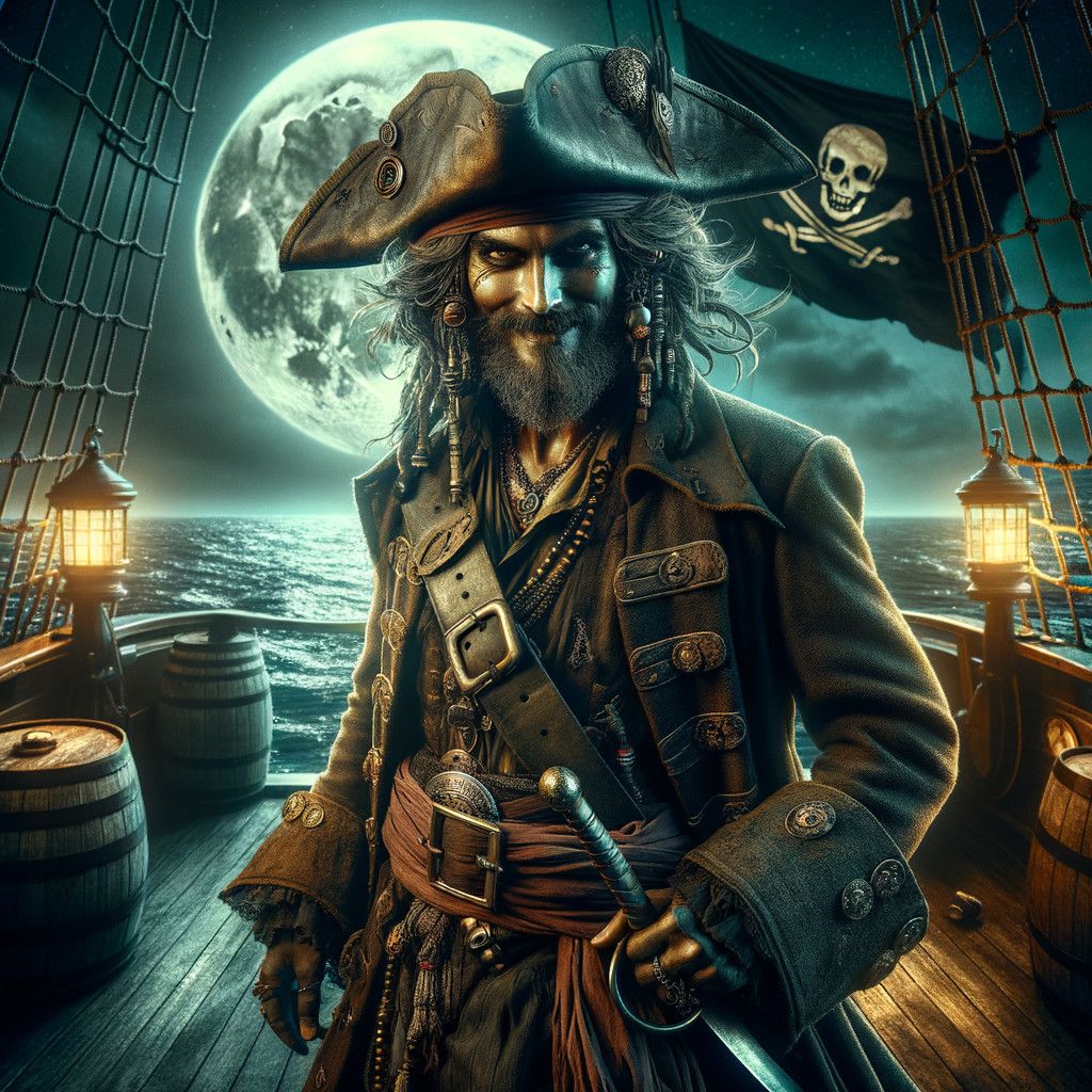 Pirate on Ship Deck Under Full Moon at Night