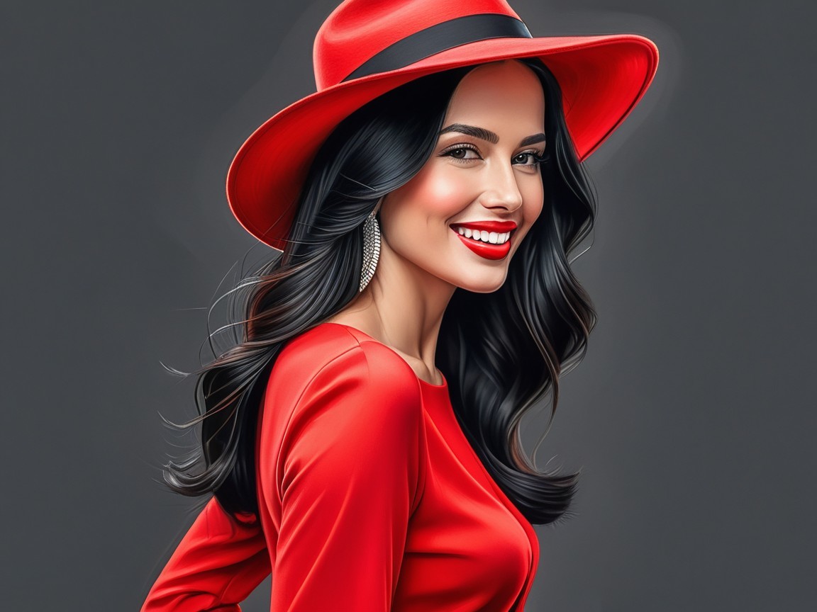 Vibrant Digital Painting of a Smiling Woman in Red