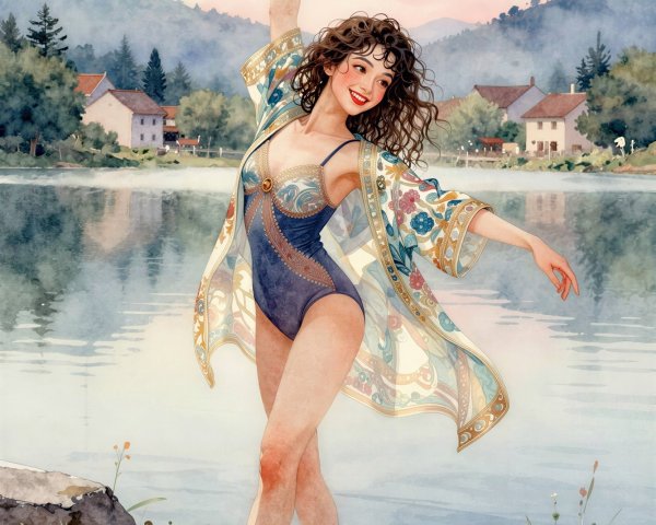 Watercolor of a woman in kimono by a serene lake