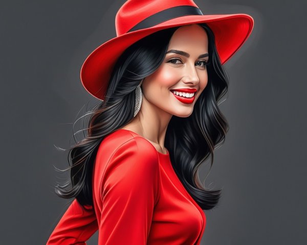 Vibrant Digital Painting of a Smiling Woman in Red