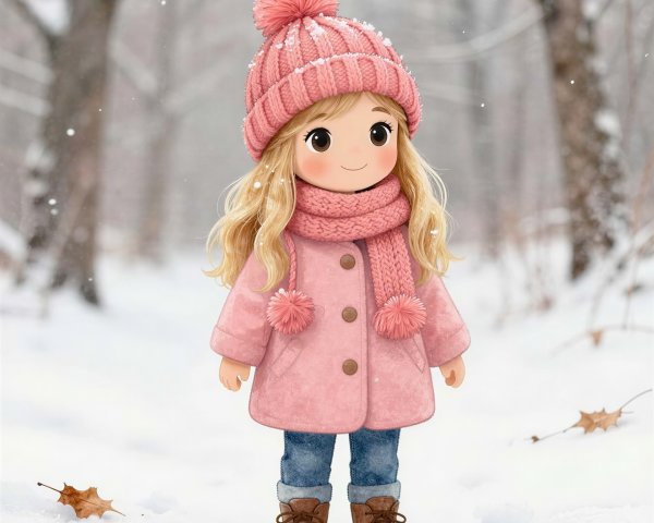 Chibi Girl in Winter Outfit in Snowy Forest Scene
