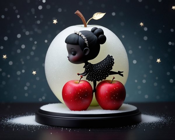 Dark-skinned figurine in polka-dotted dress with apples