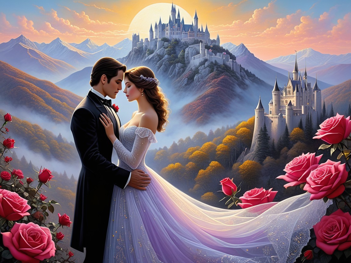 Romantic Couple Embracing in Ethereal Mountain Scene