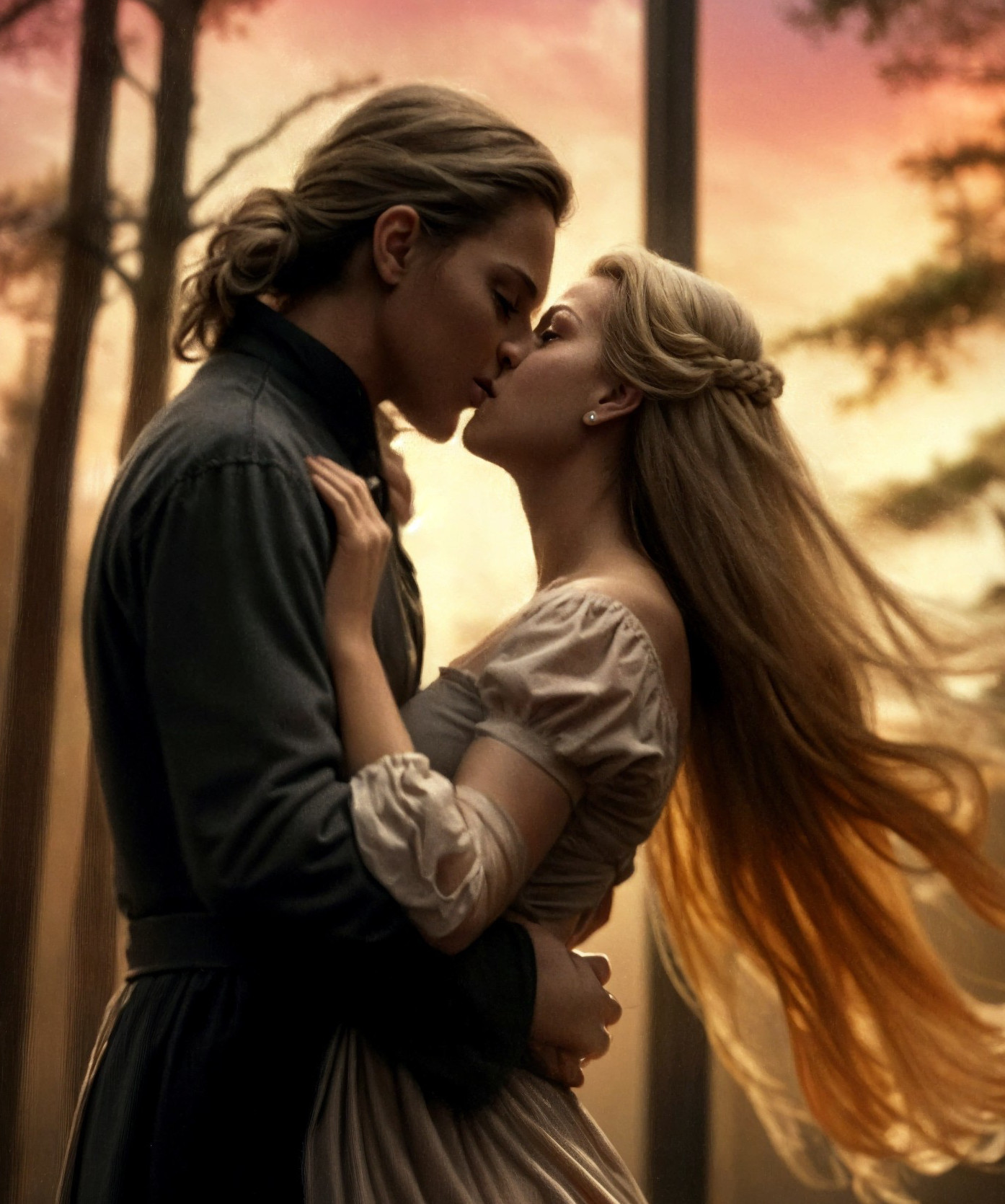 Couple Kissing Against a Vibrant Sunset Background