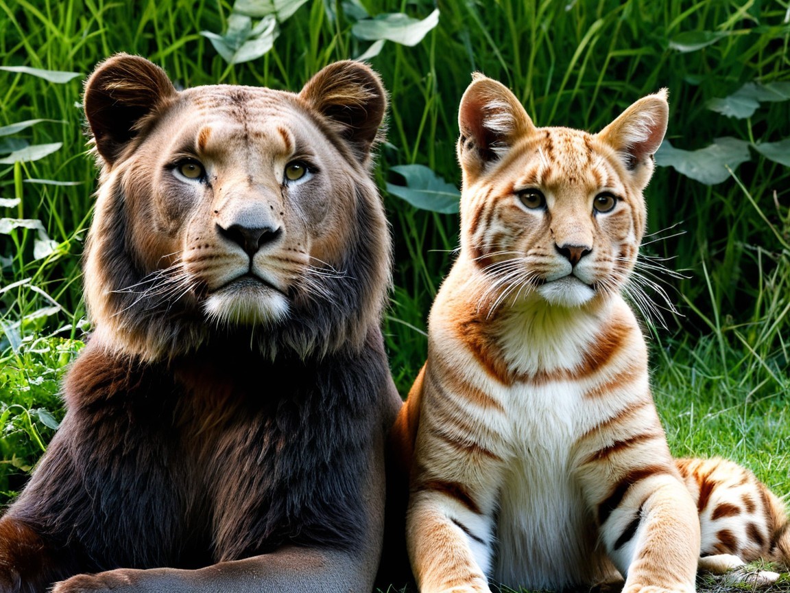 Lion and Ligress Hybrid Cat in Lush Greenery