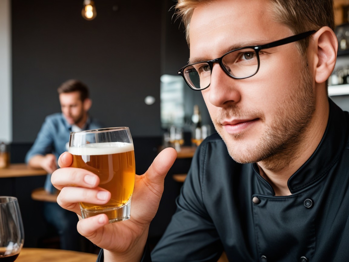 Young man in chef's jacket at a stylish bar setting