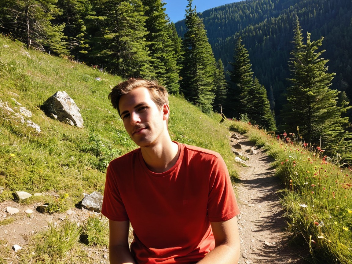 Young man in red shirt on grassy trail in nature