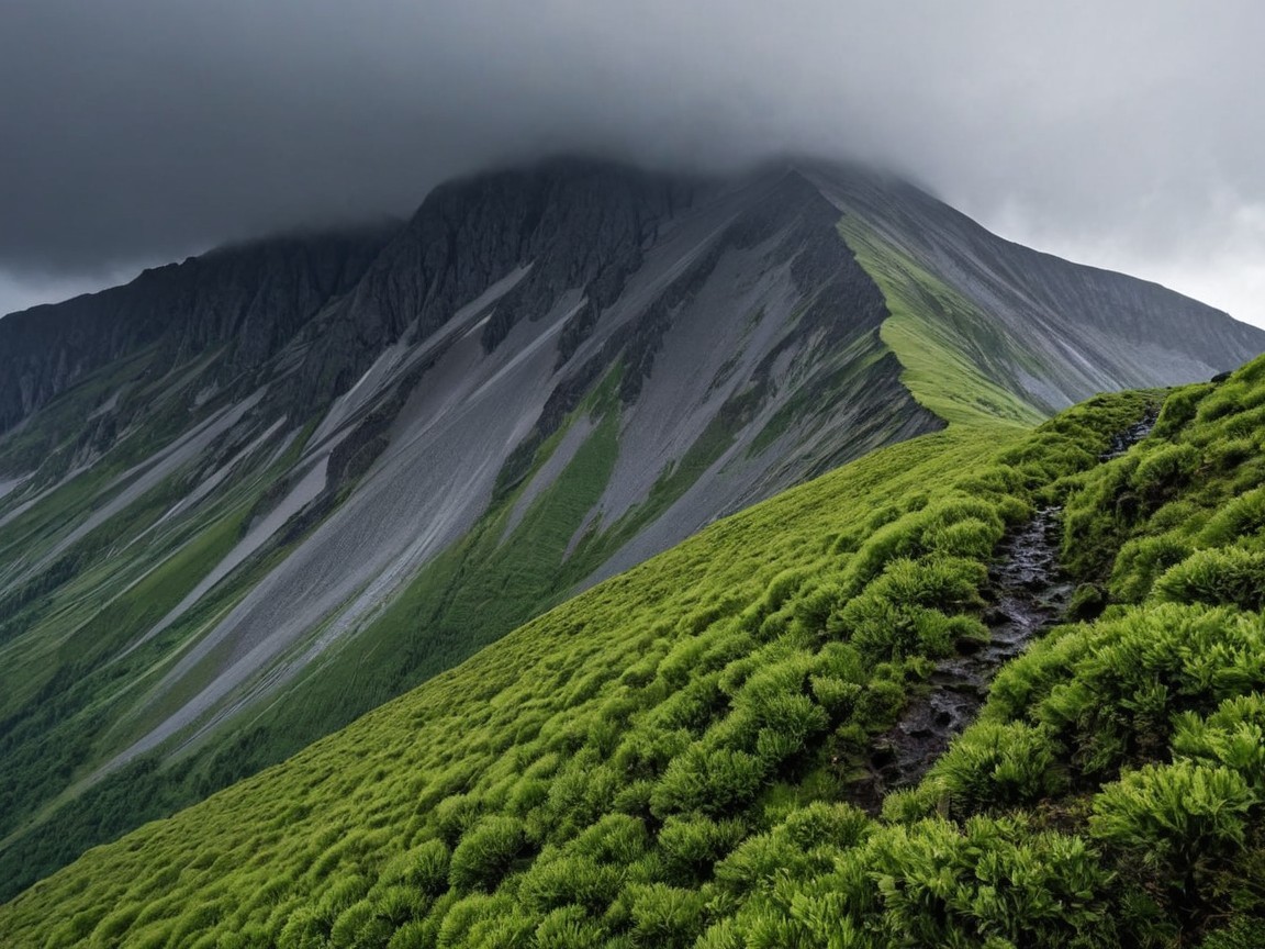 Mountain Landscape with Rugged Peaks and Lush Vegetation