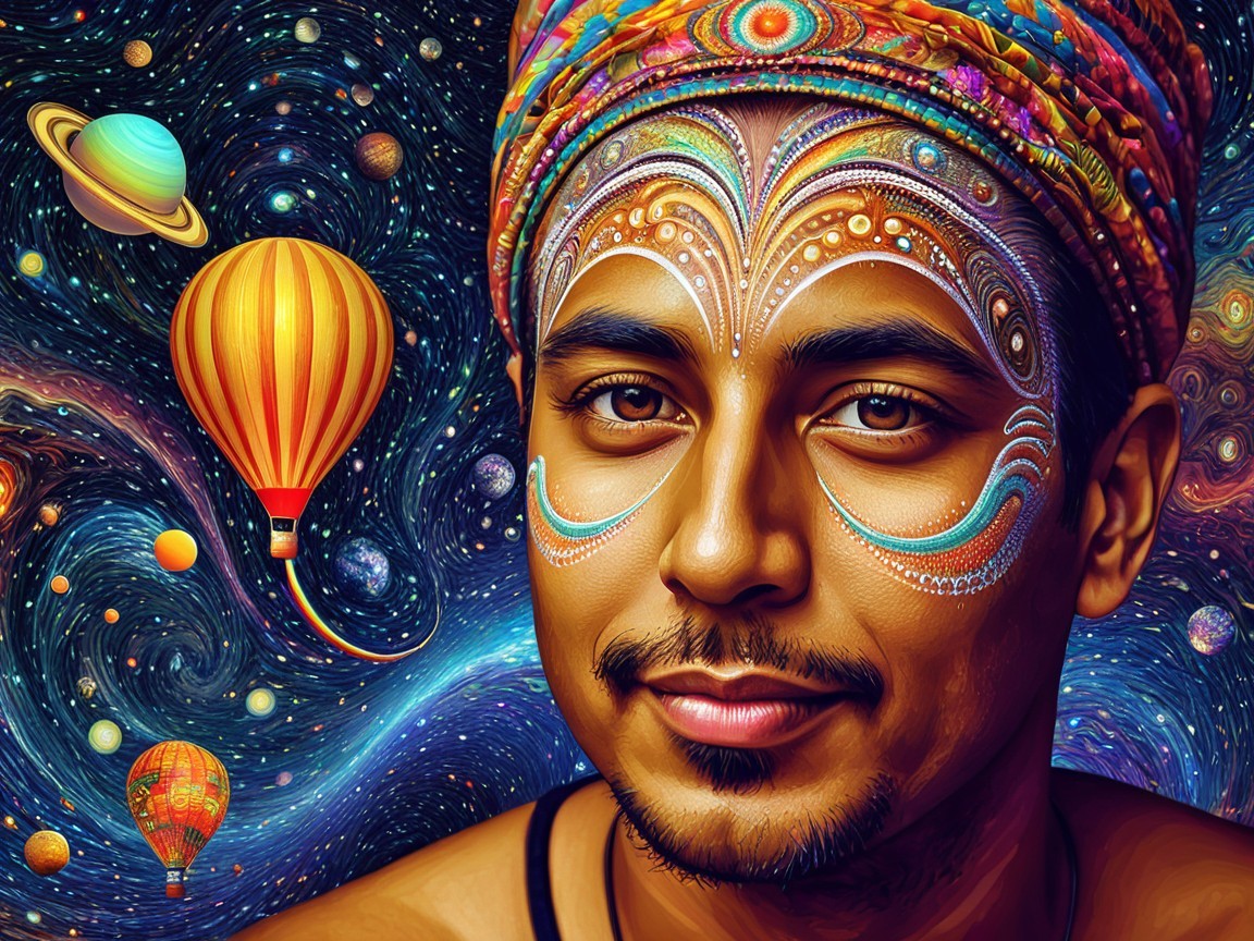 Young man with face paint in cosmic scenery