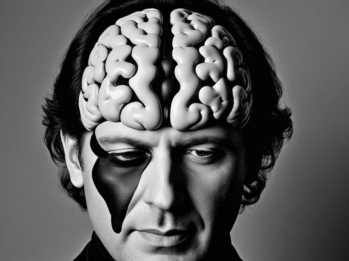 Monochrome Portrait of a Man with Brain Overlay