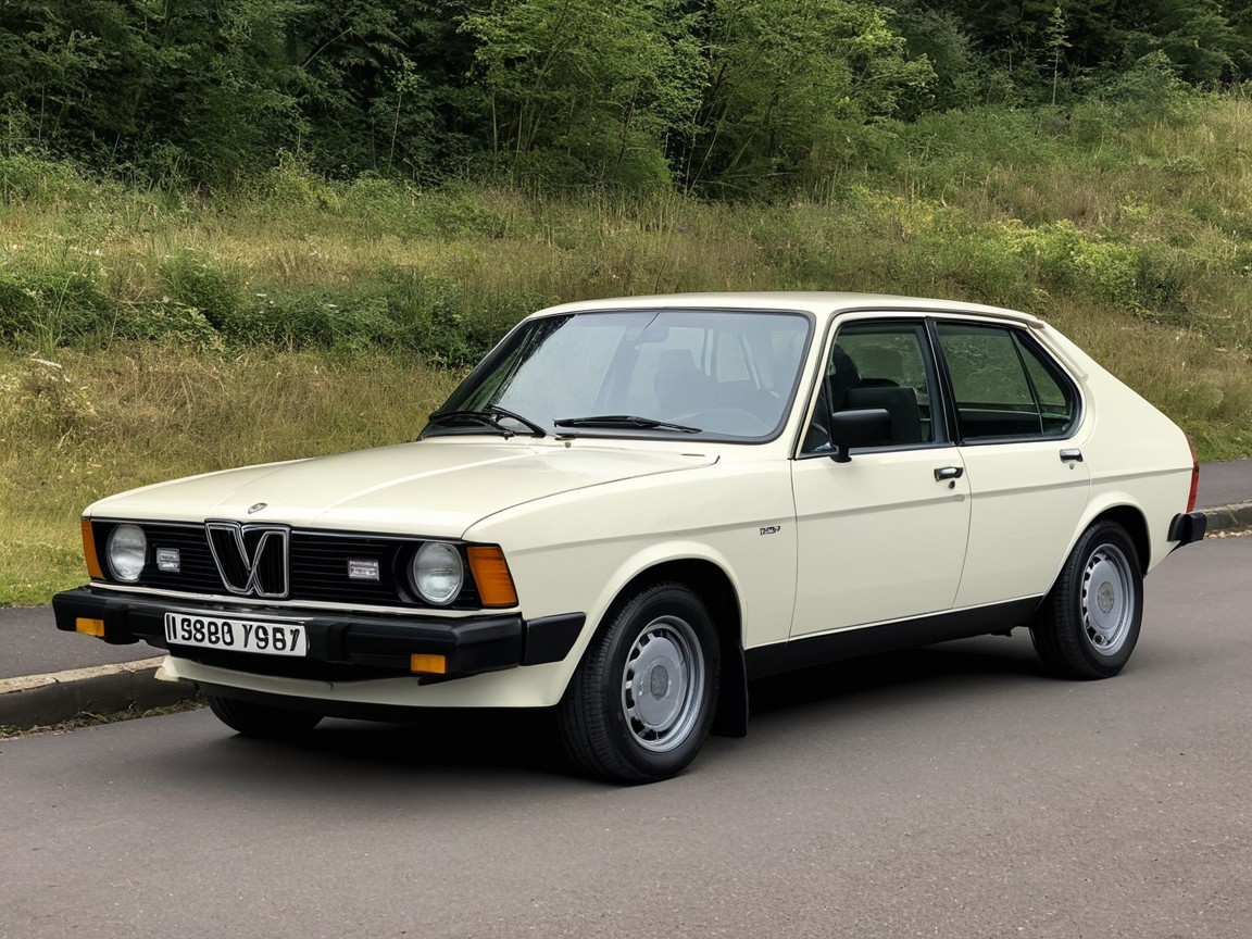 Vintage Cream Hatchback Car in Greenery Setting