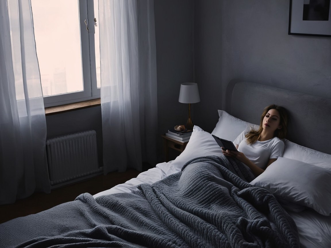 Cozy Bedroom Scene with Woman Reading E-Book