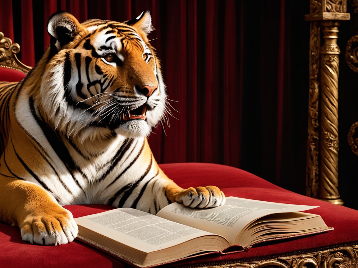 Tiger on Ornate Red Throne with Open Book