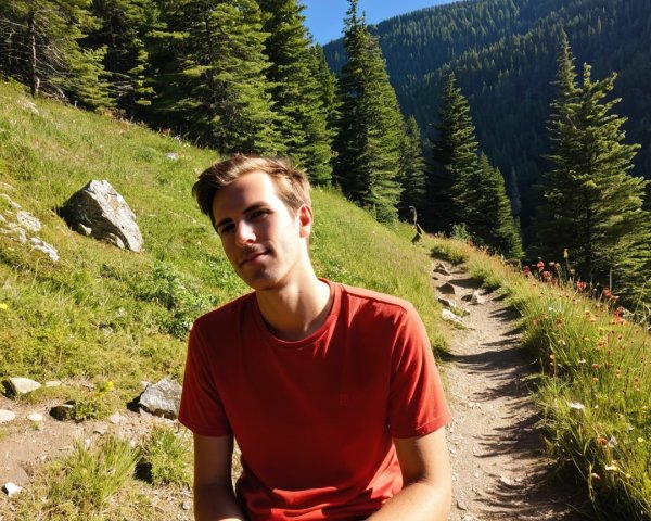 Young man in red shirt on grassy trail in nature