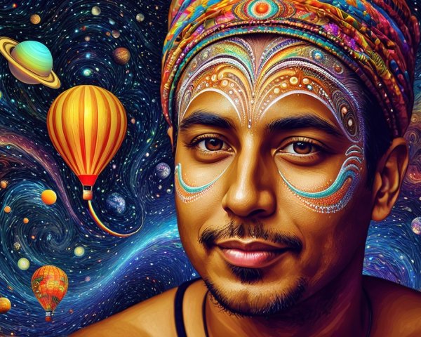 Young man with face paint in cosmic scenery