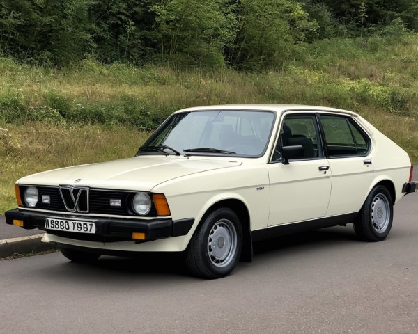 Vintage Cream Hatchback Car in Greenery Setting