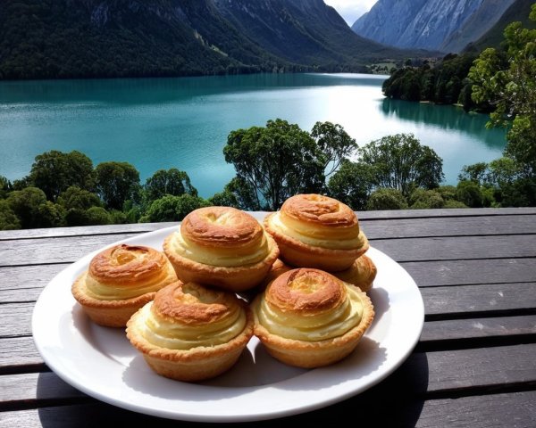 Delightful Pastries on a Wooden Table by a Lake