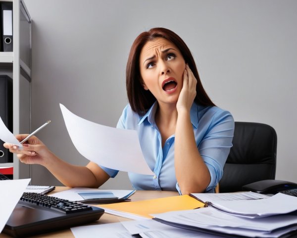 Stressed Woman at Cluttered Office Desk with Papers