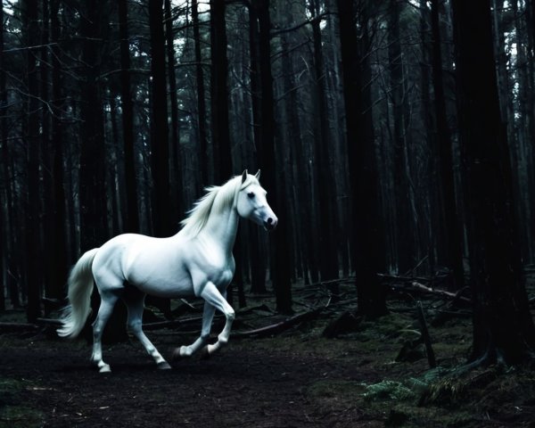 White Horse Galloping in a Dark Forest Setting