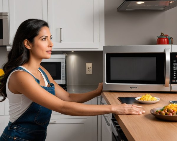 Woman at Kitchen Counter with Modern Microwave