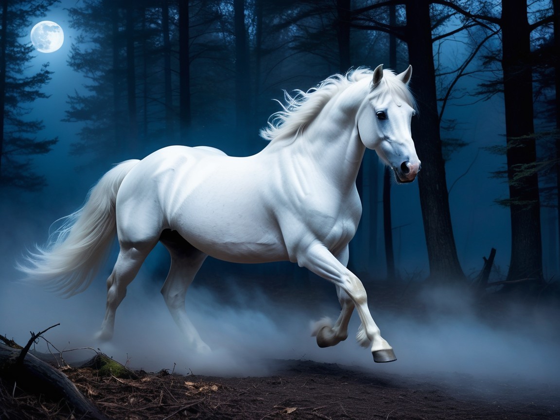 White horse galloping in a misty moonlit forest