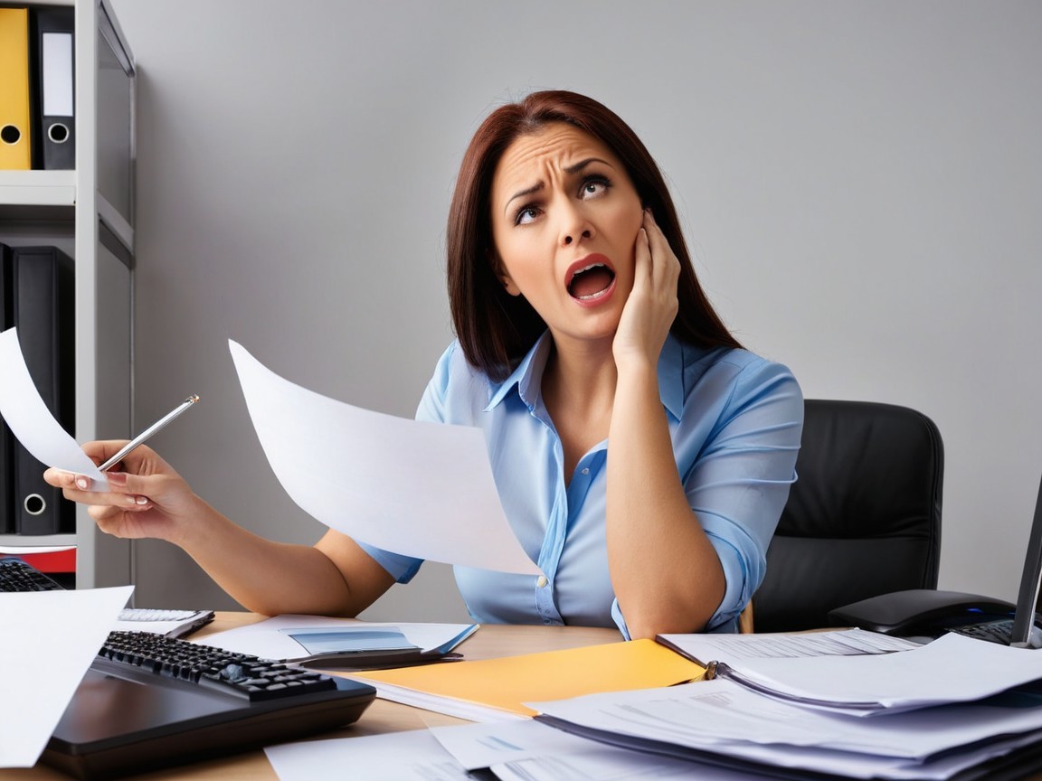 Stressed Woman at Cluttered Office Desk with Papers