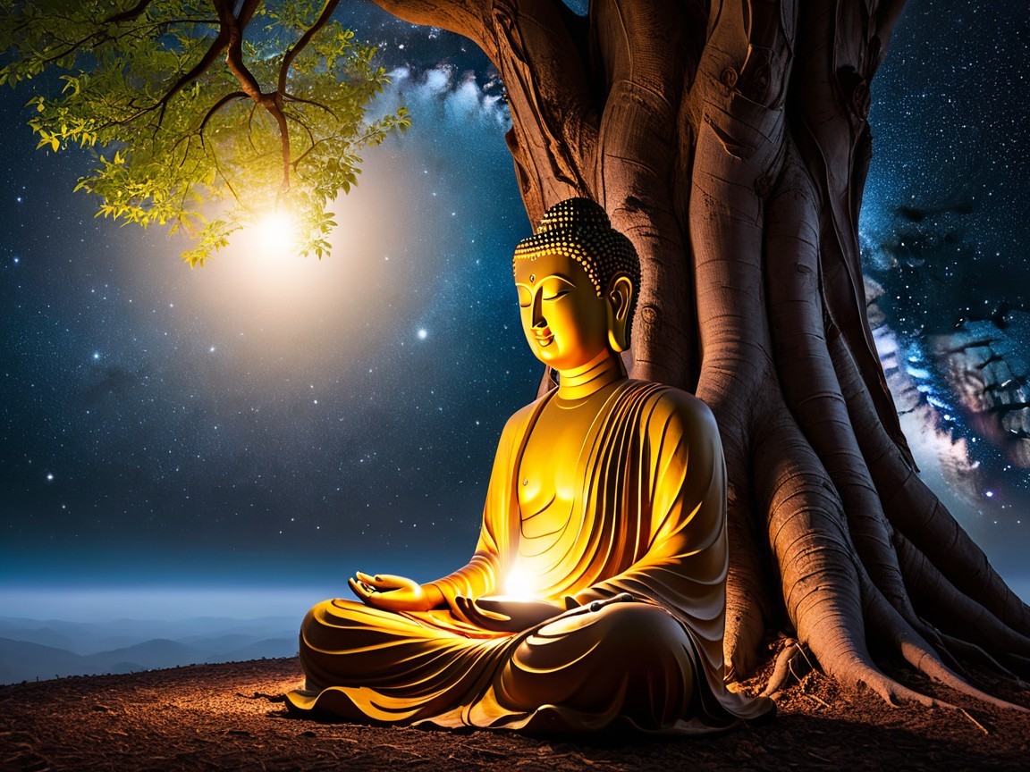 Serene Buddha Under Starry Night Sky