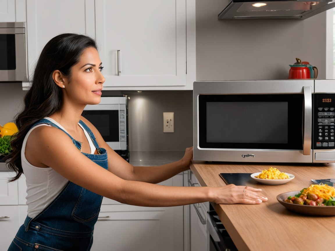 Woman at Kitchen Counter with Modern Microwave