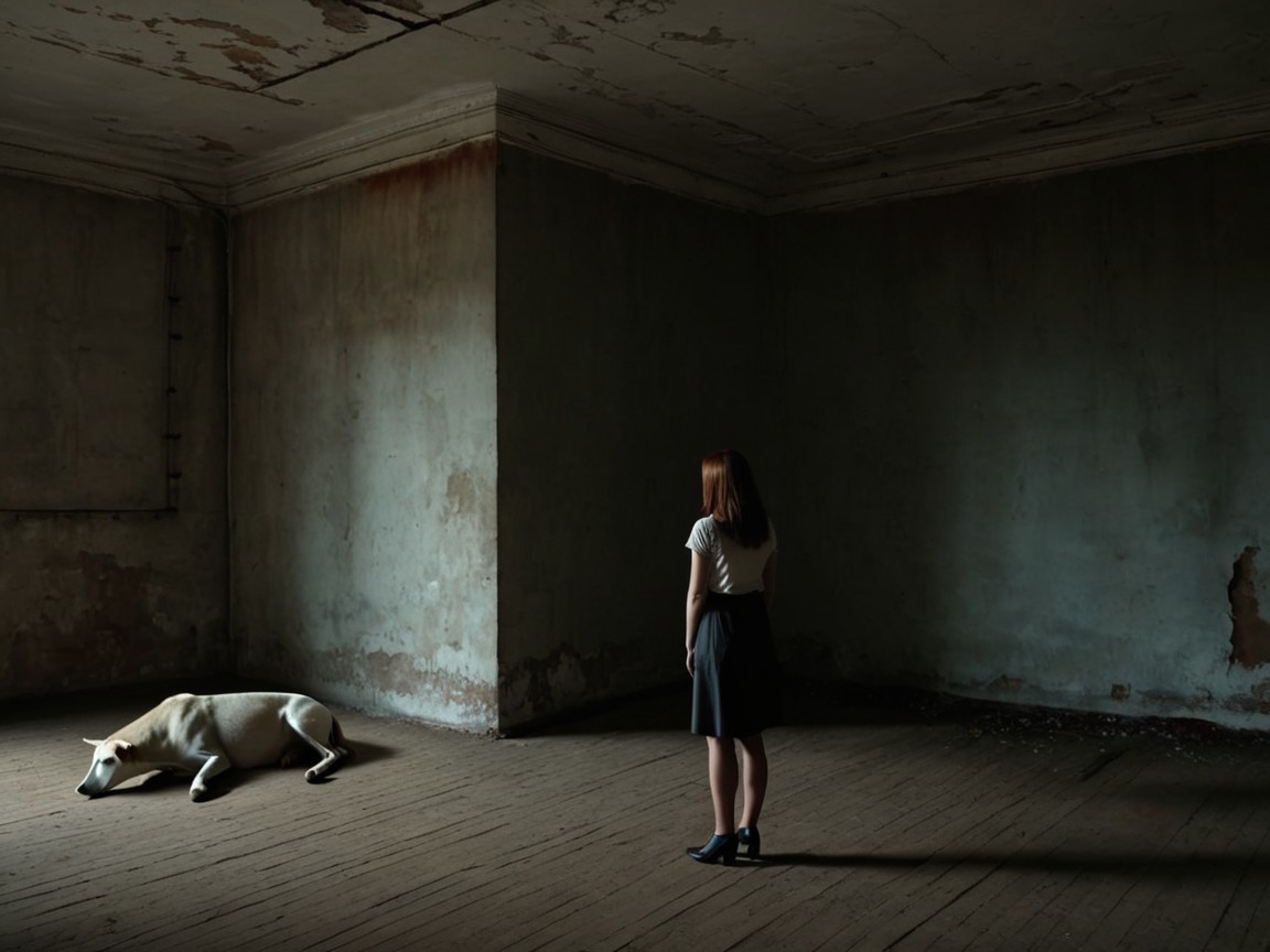 Solitary Scene of a Woman and Dog in Abandoned Room