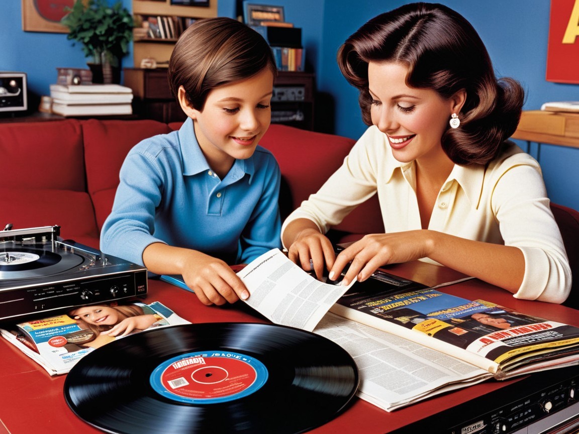 Nostalgic Moment on a Red Couch with Music Items