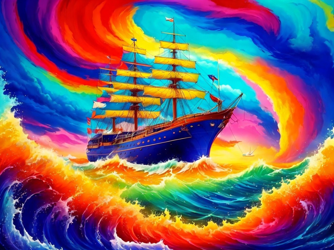 Vibrant Sailing Ship in Colorful Sea and Sky