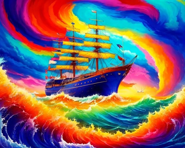 Vibrant Sailing Ship in Colorful Sea and Sky