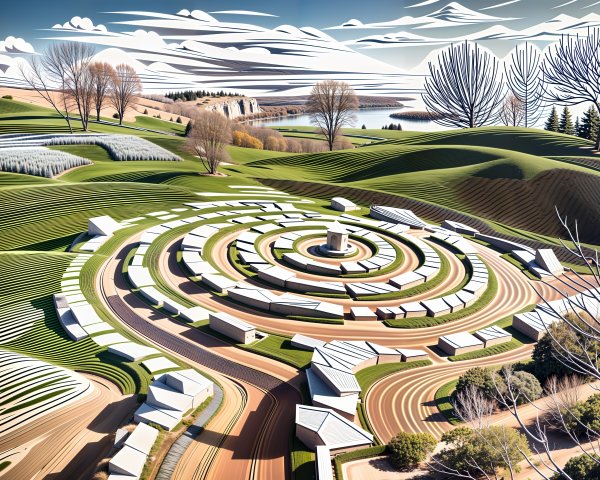 Vibrant Landscape with White Structures and Green Hills