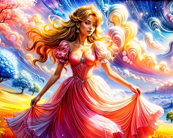 Whimsical Landscape with Young Woman in Pink Gown