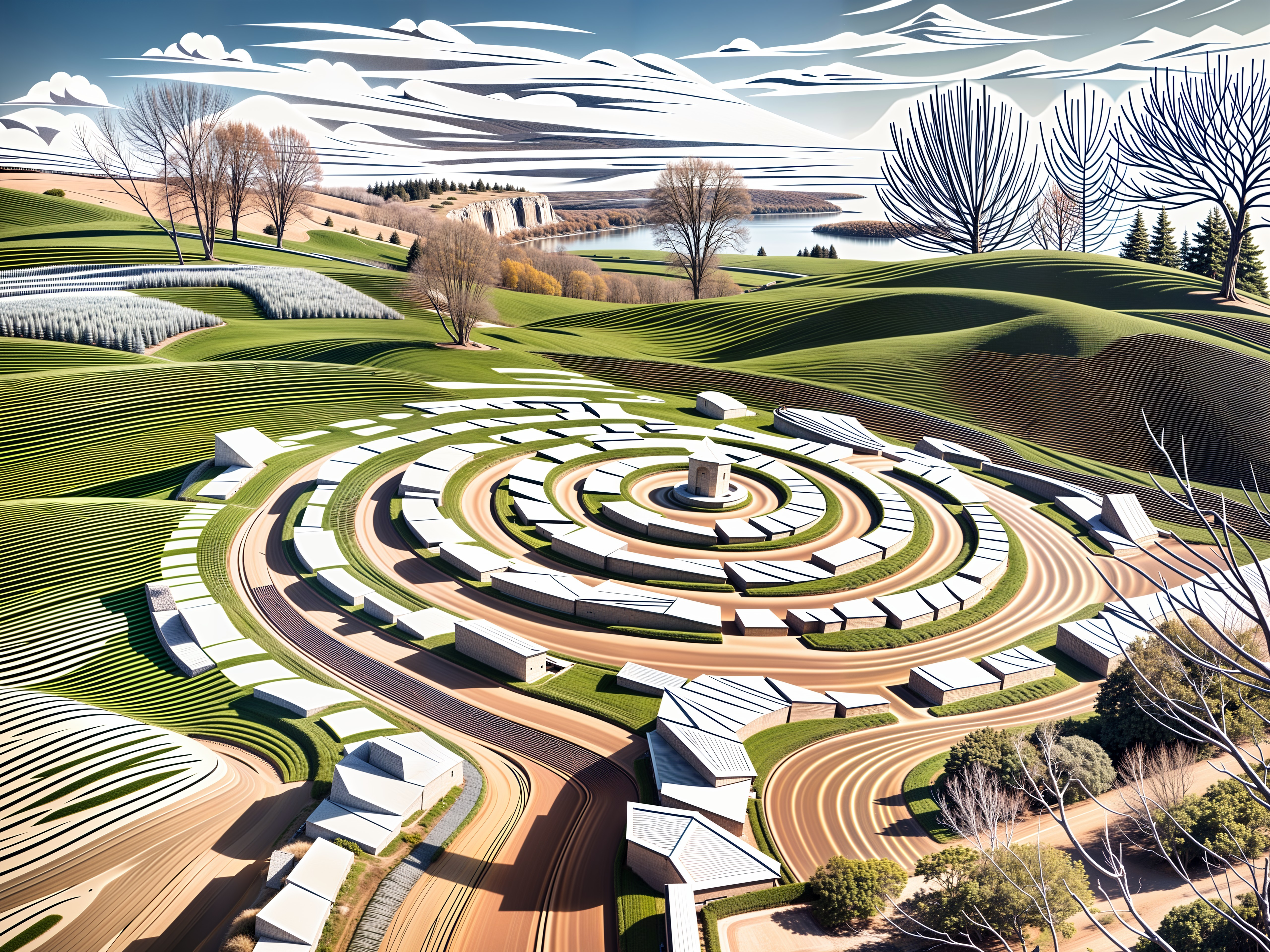 Vibrant Landscape with White Structures and Green Hills