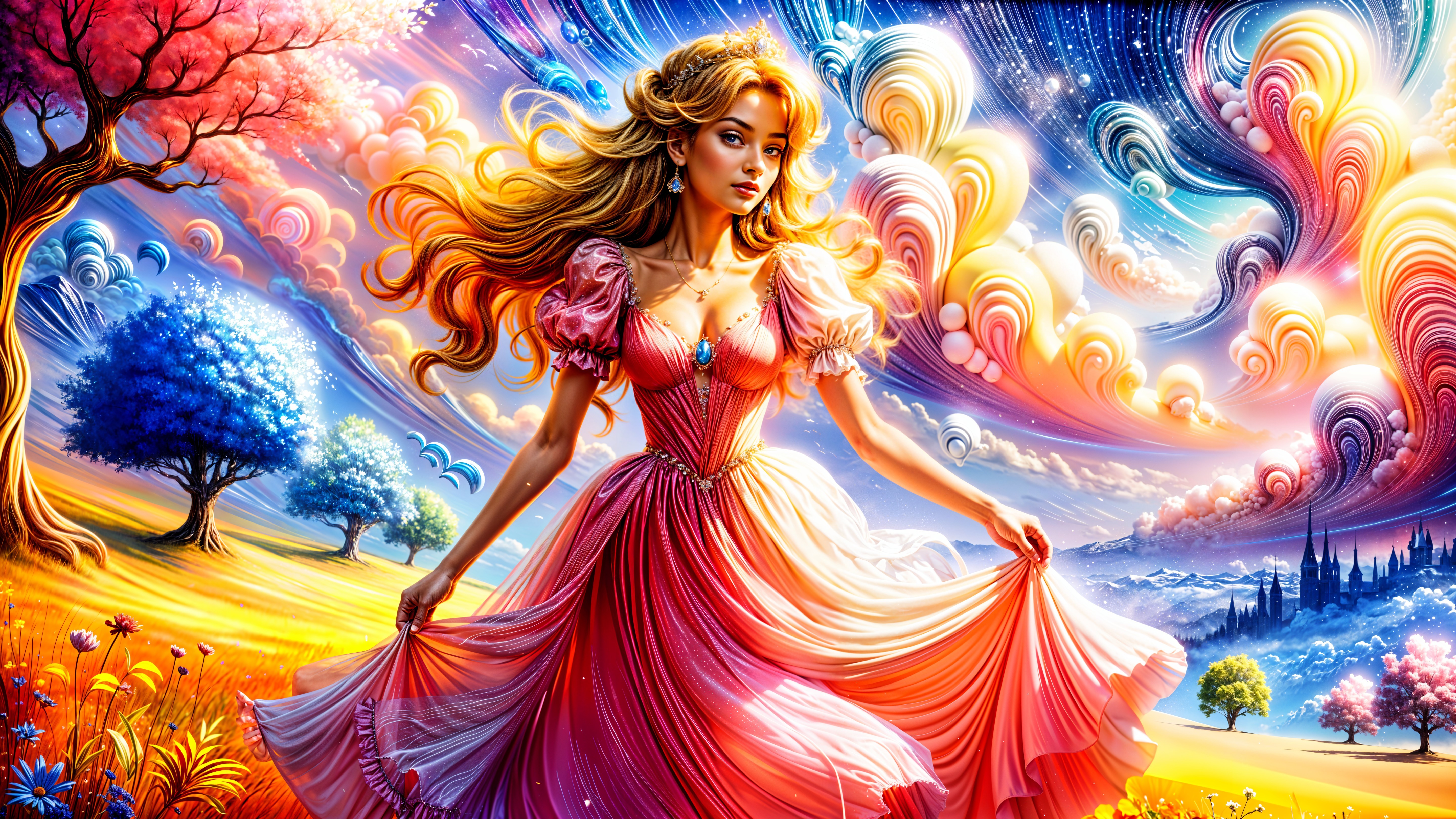 Whimsical Landscape with Young Woman in Pink Gown