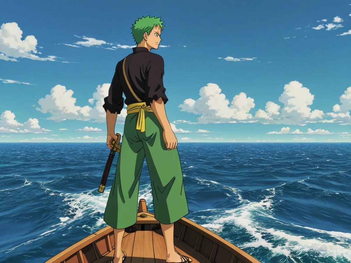 Young Swordsman on Boat Against Open Sea and Sky