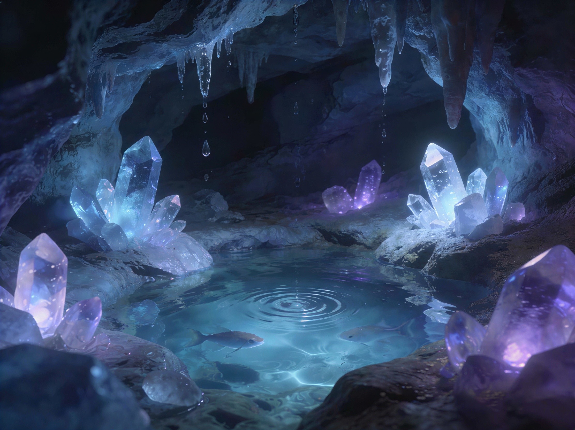 Dark Cave Interior with Illuminated Crystal Formations