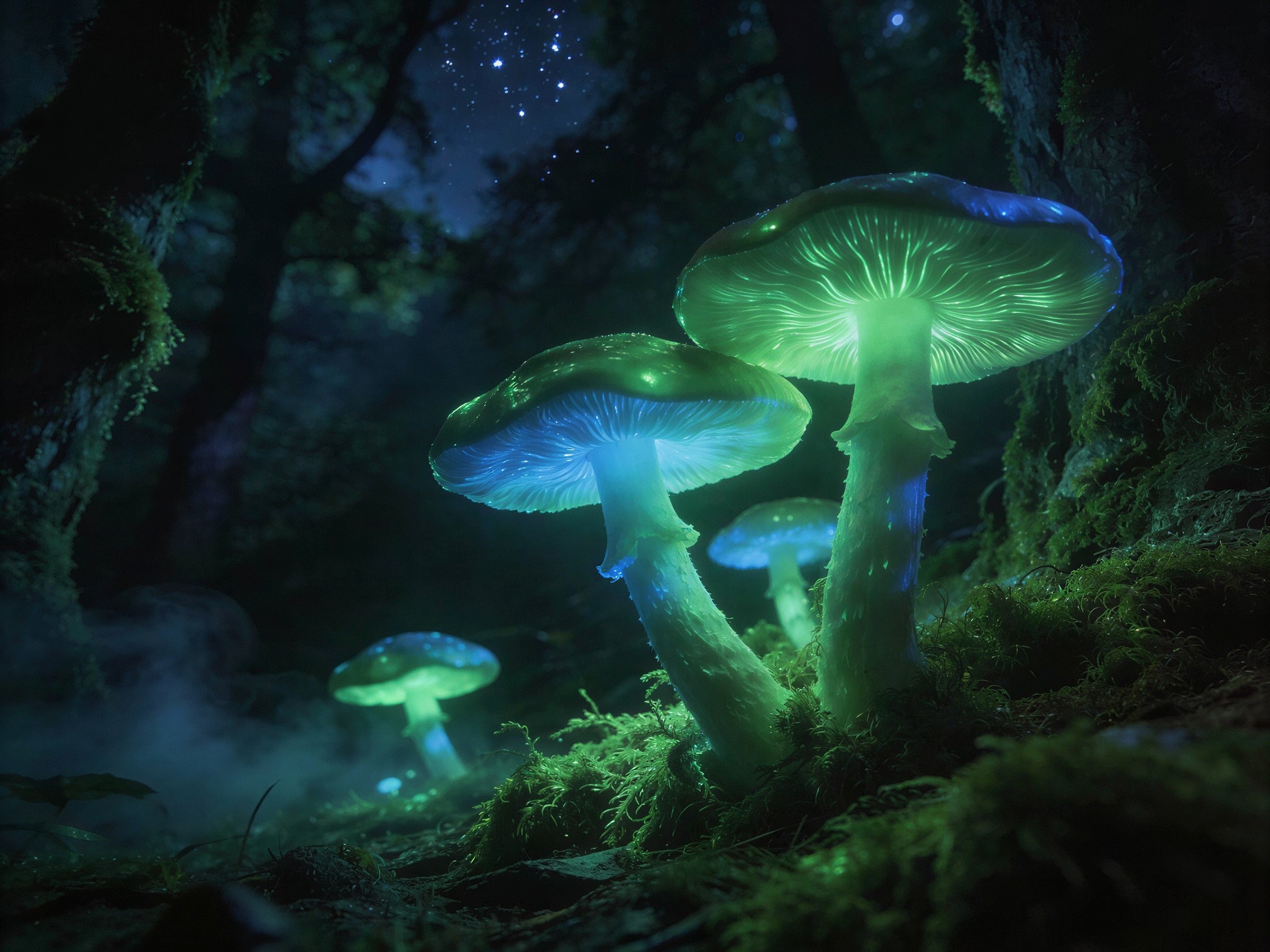 Bioluminescent Mushrooms in a Dark Forest Setting