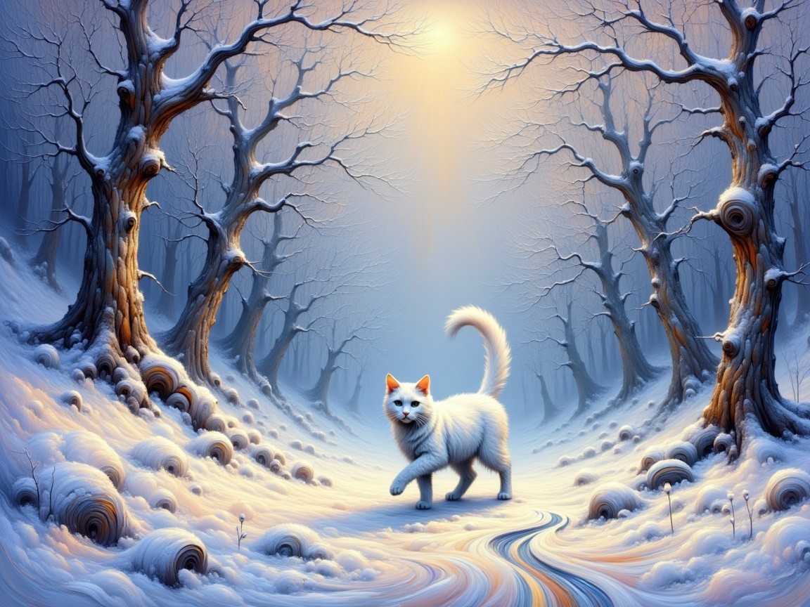 Mystical Winter Forest with White Cat on Winding Path