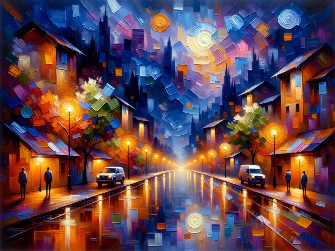 Surreal Street Scene at Dusk with Colorful Buildings
